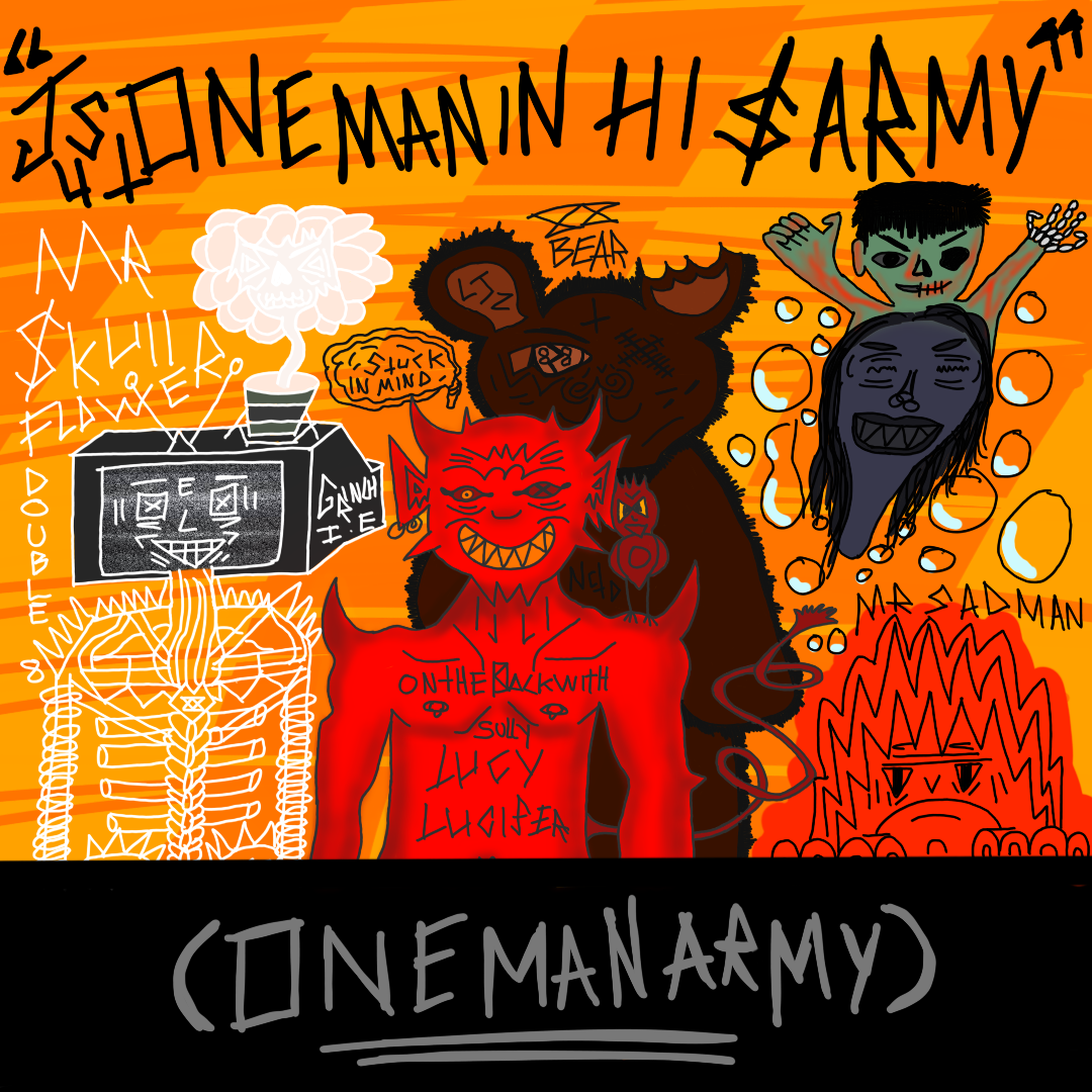 Drawing of various devilish and grotesque characters with graffiti-style text and symbols, including a skeleton, a bear, a girl with long hair, and others on an orange background.