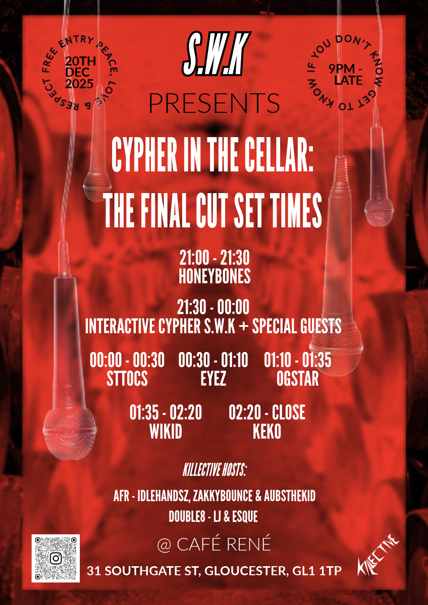 Event poster for 'Cypher in the Cellar: The Final Cut Set Times' at Café René, featuring schedule and guest DJs, with a red background and microphone illustrations.