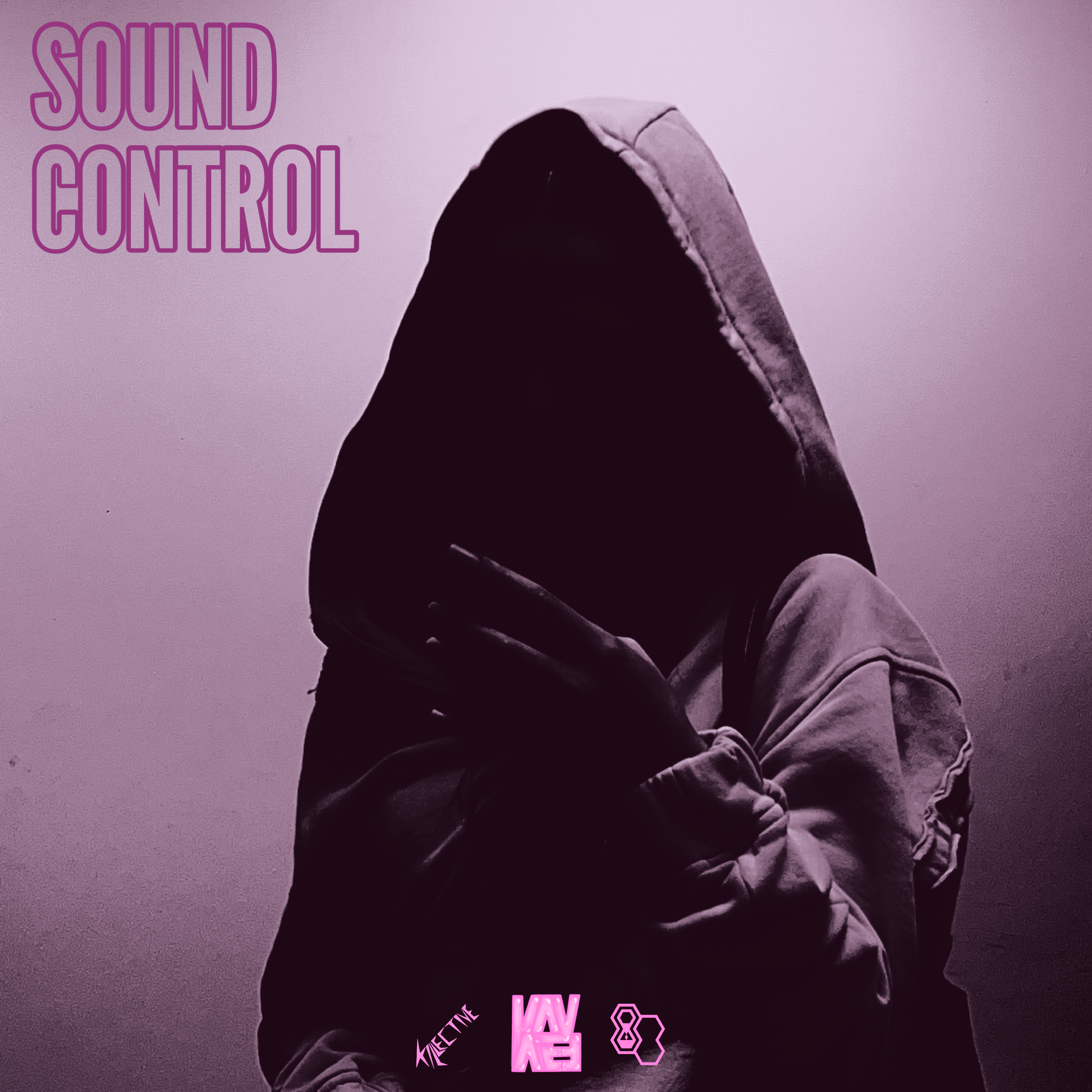 A person wearing a hooded sweatshirt with the hood up, holding a phone in front of their face, in front of a purple background. The image includes text that reads "SOUND CONTROL" in the top left and 