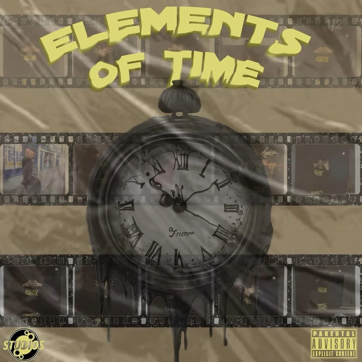 A collage featuring a clock with Roman numerals, the words 'Elements of Time' in large yellow 3D letters at the top, and film strip borders with photos, along with a 'STUDIOS' logo and a parental advisory label in the bottom right corner.