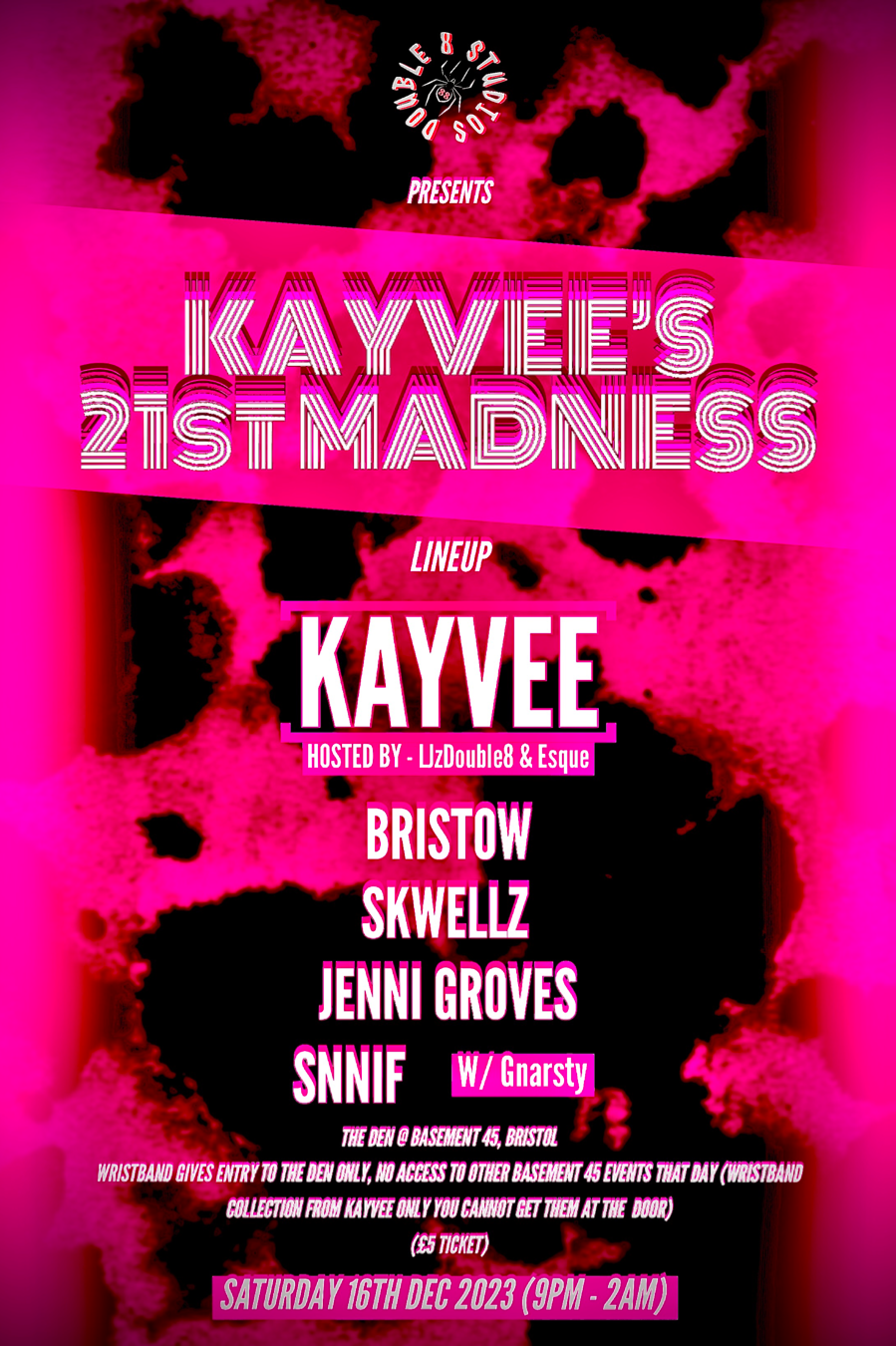 Event poster for 'Cypher in the Cellar: The Final Cut Set Times' at Café René, featuring schedule and guest DJs, with a red background and microphone illustrations.