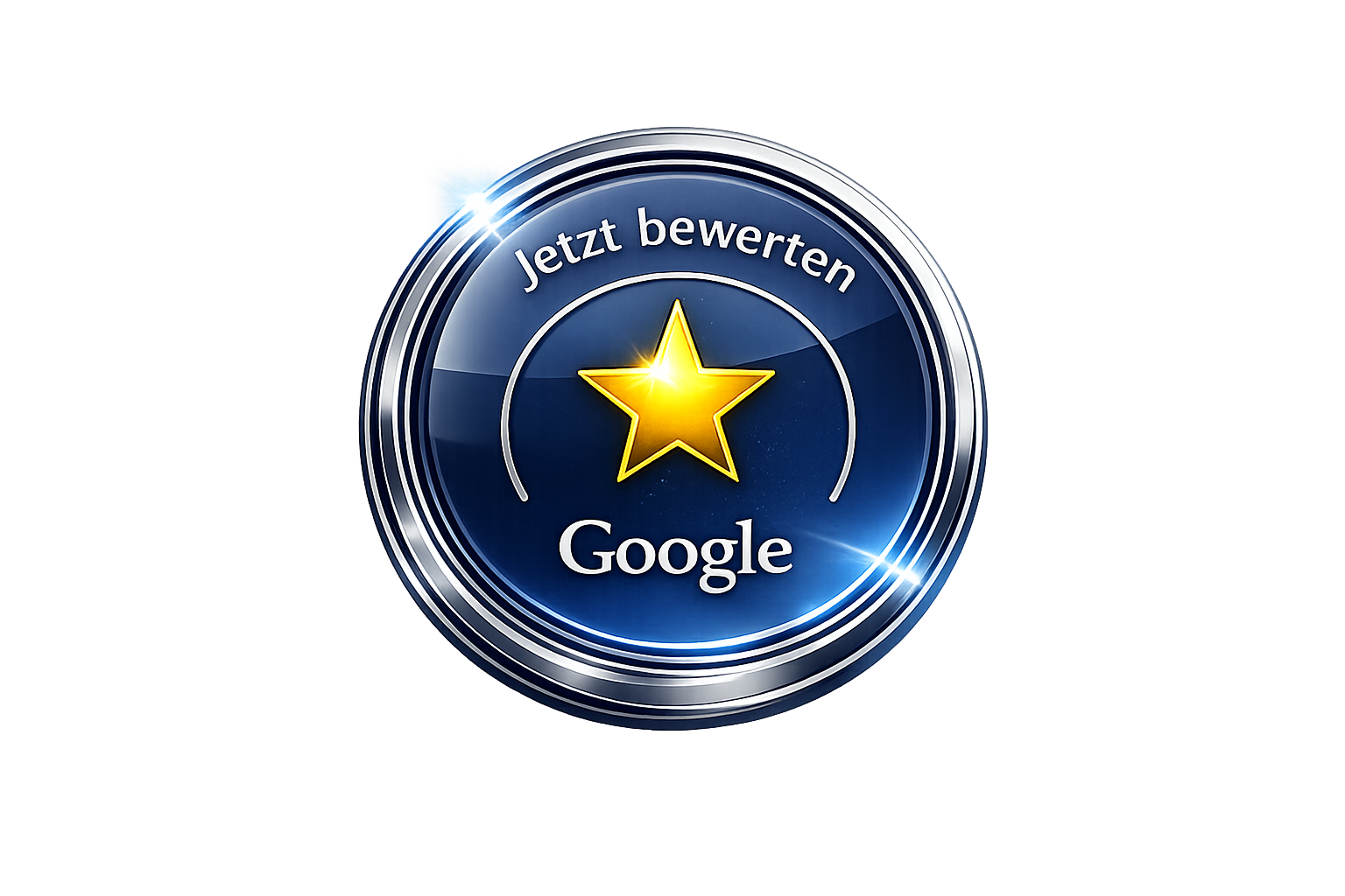 Ein runder Button mit einem goldenen Stern in der Mitte, der auffällig leuchtet, mit dem deutschen Text "Jetzt bewerten" oben und dem Google-Logo unten.