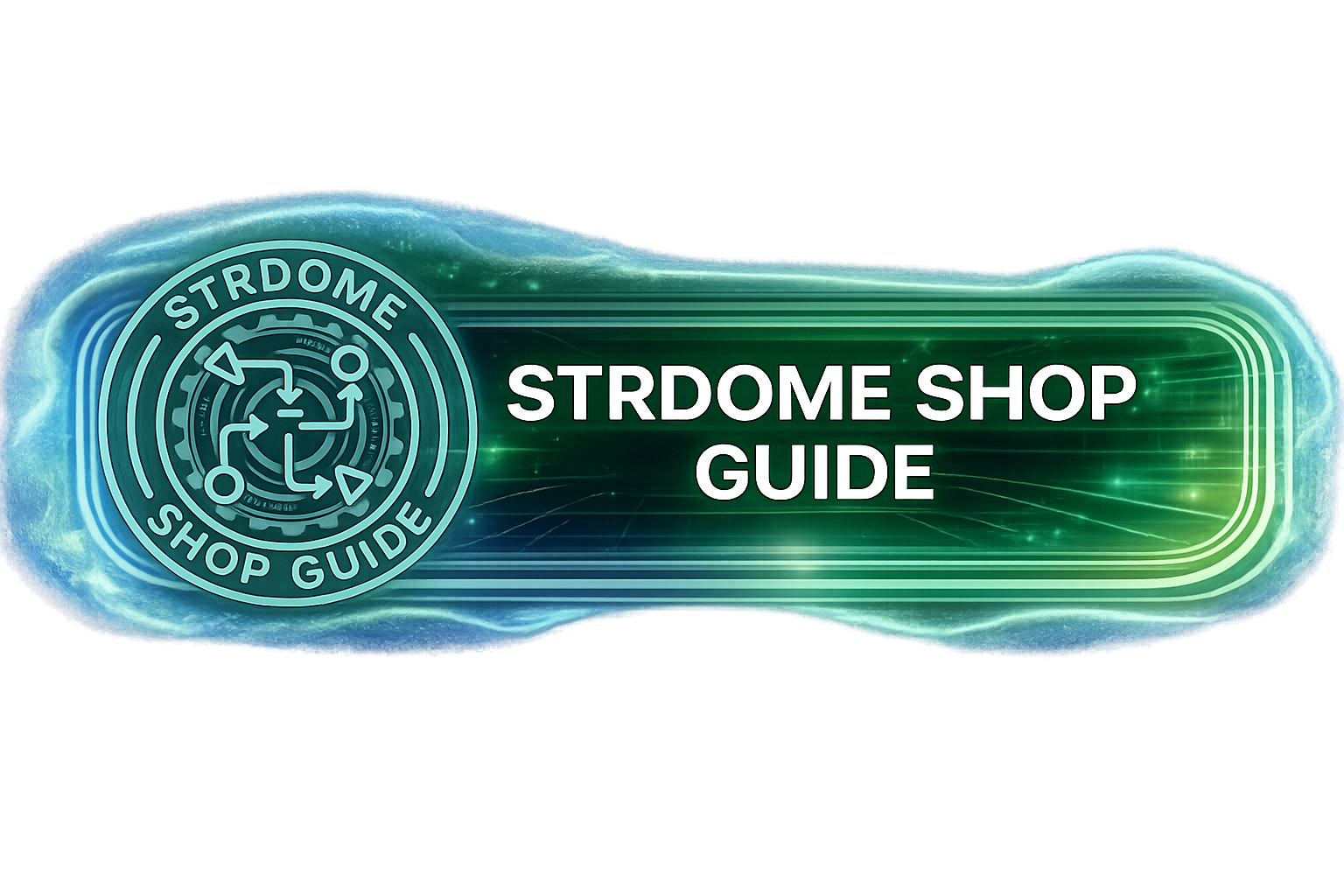 Grafik mit dem Text 'STRDOME SHOP GUIDE' und einem Logo, das das Wort 'STRDOME' und eine technische Mythologie zeigt