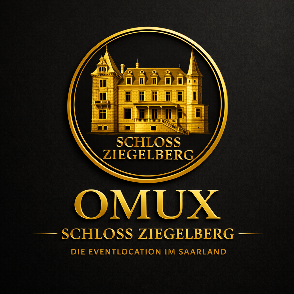 Goldene Illustration eines Schlosses mit der Aufschrift "Schloss Ziegelberg" und "OMUX" darunter, sowie zusätzlicher Beschreibung in Deutsch.
