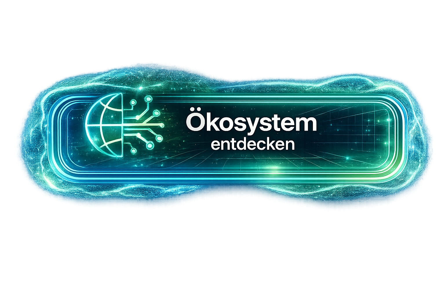 Digitales, futuristisches Design mit Globus und Technologie-Elementen, Text 'Ökosystem entdecken' in der Mitte