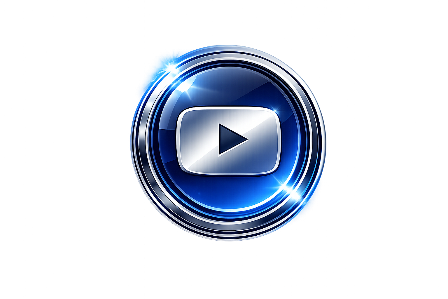 Ein glänzender, blauer, runder Symbolknopf mit einem weißen Play-Button in der Mitte, der an ein Medien- oder Videowiedergabesymbol erinnert.