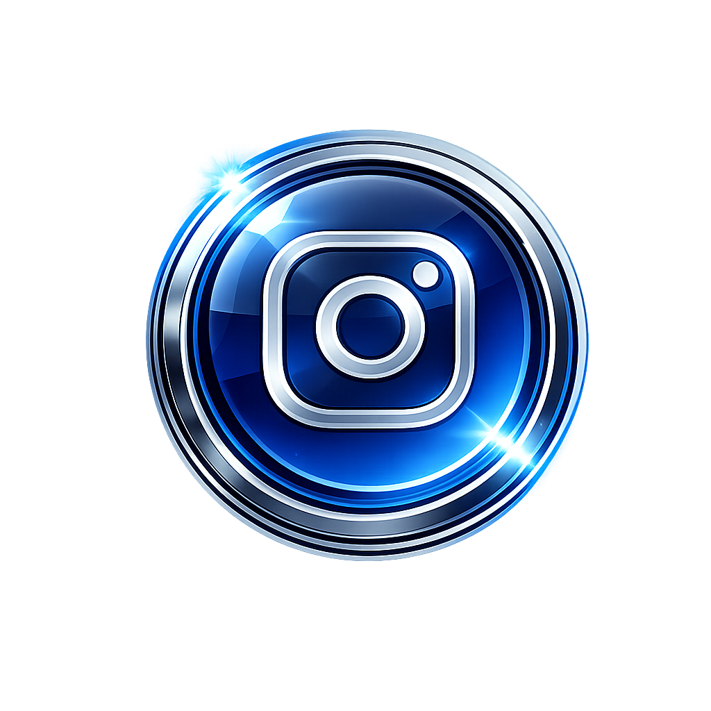 Ein blauer, glänzender Icon von Instagram, umgeben von einem stilisierten kreisförmigen Design mit Lichteffekten.