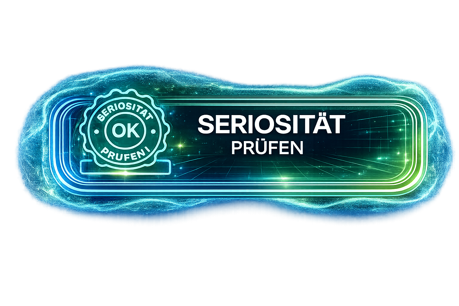 Digitales Schild mit der Aufschrift "Seriosität prüfen" und einem Siegel "Seriosität OK", das eine moderne, technologische Gestaltung mit holographischen Effekten aufweist.