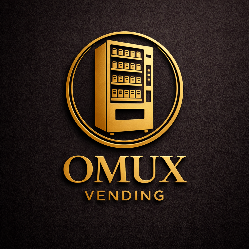 Ein goldener Vending-Automat auf schwarzem Hintergrund mit dem Schriftzug 'OMUX VENDING' darunter.