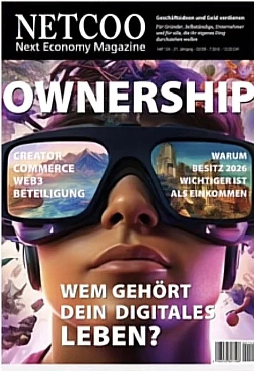 Das Cover einer Zeitschrift namens NETCOO mit dem Titel 'Ownership'. Es zeigt eine Person mit Virtual-Reality-Brille, reflektierende Linsen, die eine Stadt und Berge spiegeln. Es gibt Untertitel zu Themen wie Creator, Commerce, Web3, Beteiligung, und Fragen zur digitalen Besitzfrage.