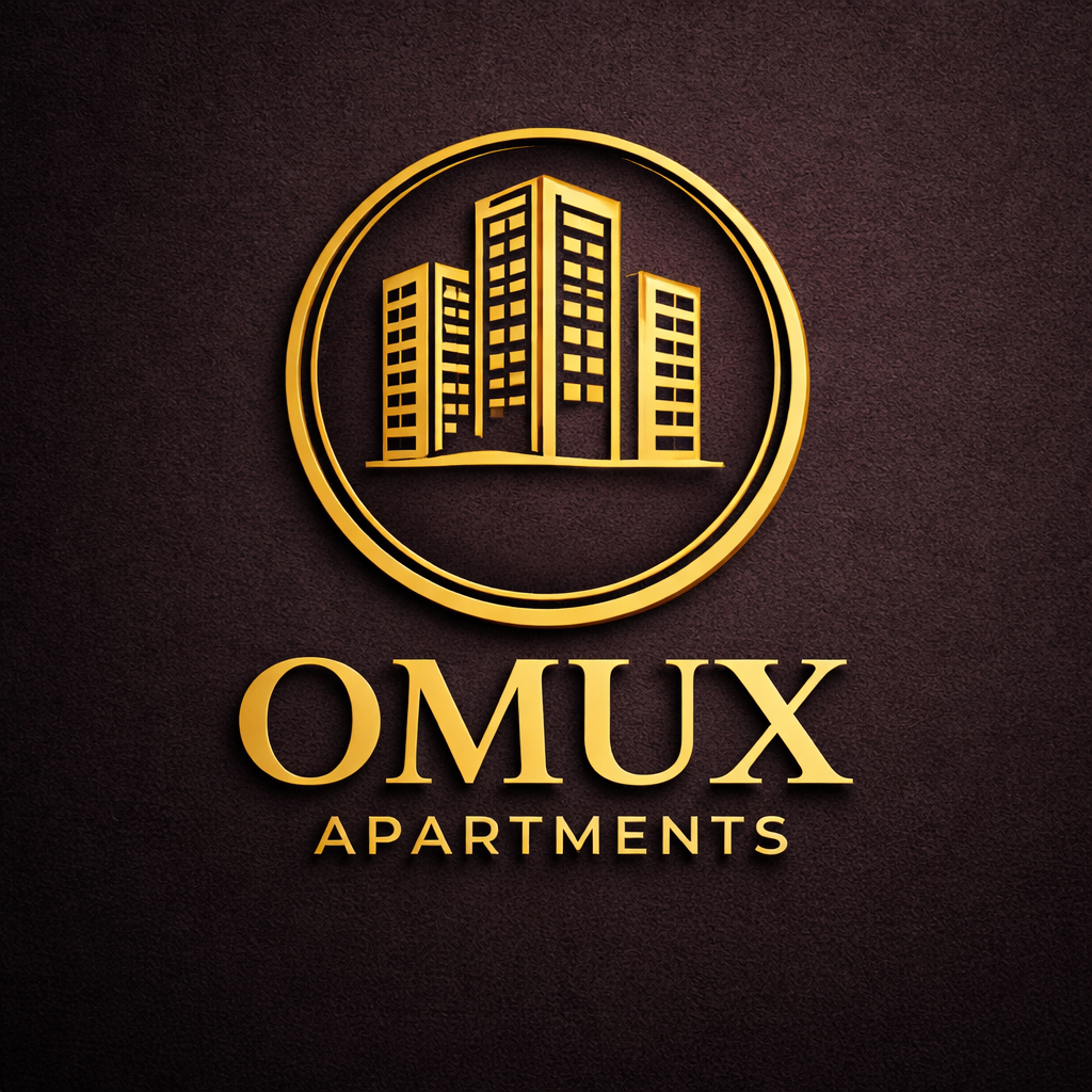 Goldene Logo mit einem Gebäudemotiv und dem Text 'OMUX APARTMENTS' auf dunklem Hintergrund.