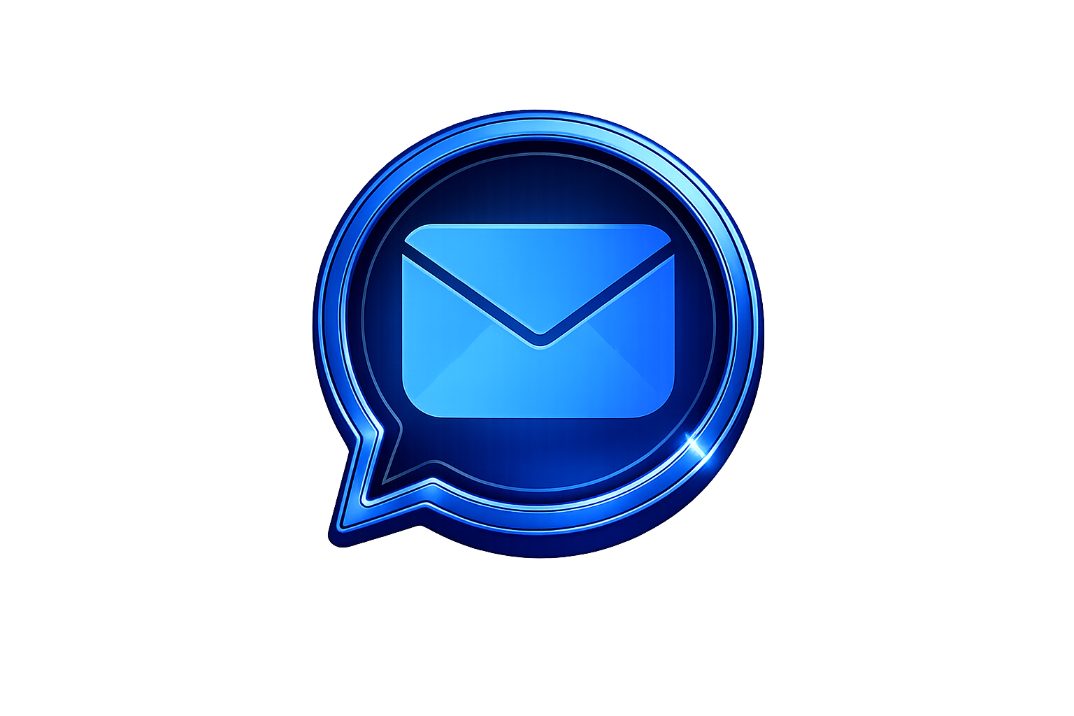 Neon-Logo eines blauen E-Mail-Icons in einem Chat-Blasen-Design