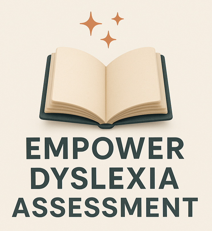 A logo featuring an open book with stars coming out and the words' Empower Dyslexia Assessment'
