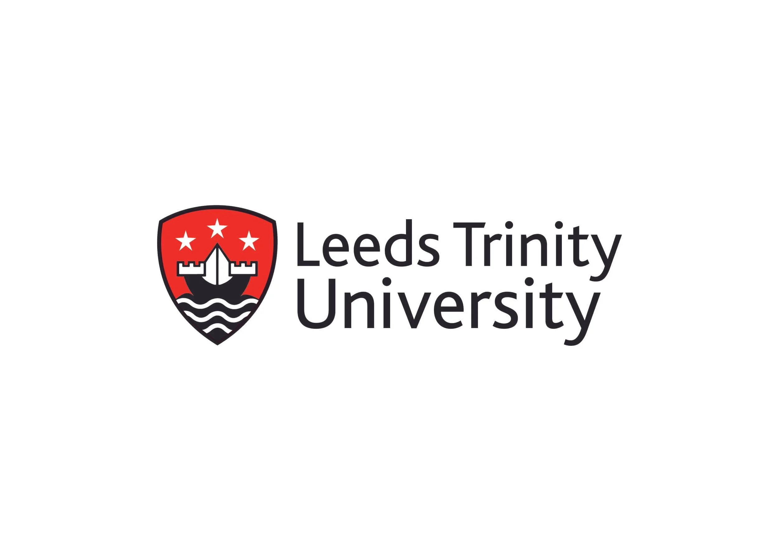 Leeds Trinity University logo with a shield emblem featuring a boat, three stars, and stylized water waves; black text reading 'Leeds Trinity University' to the right.