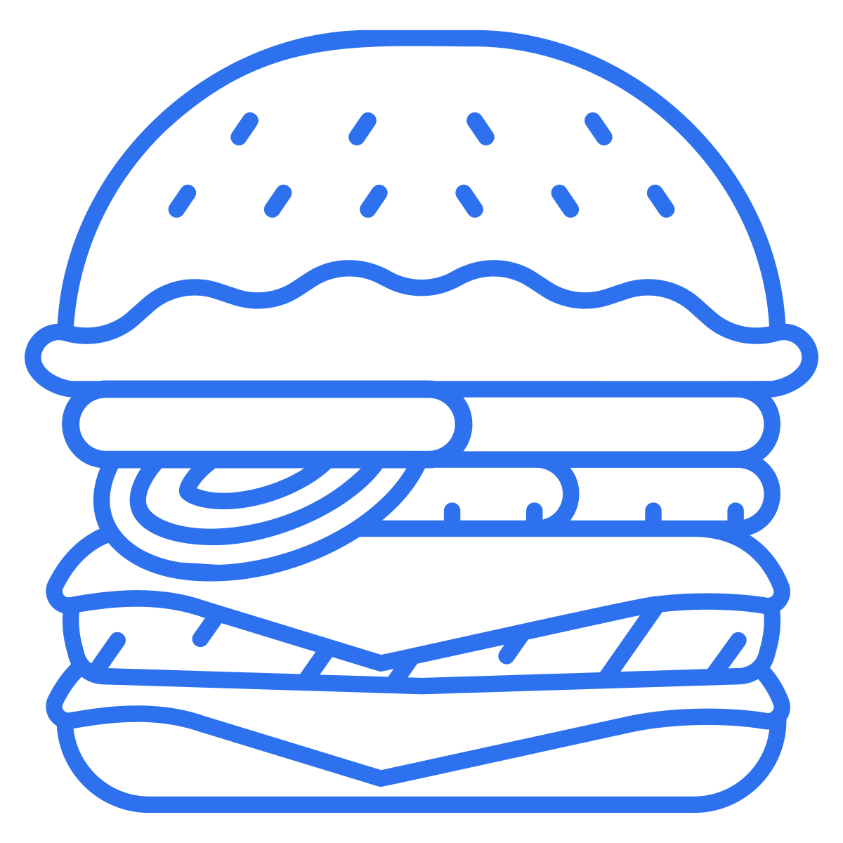 Line drawing of a burger with a bun, lettuce, tomato, cheese, and patties.