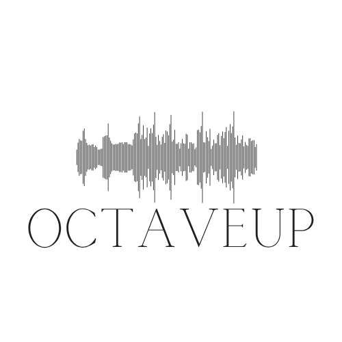 A black and white logo with the words 'OCTAVE UP' and a stylized octopus illustration above it.