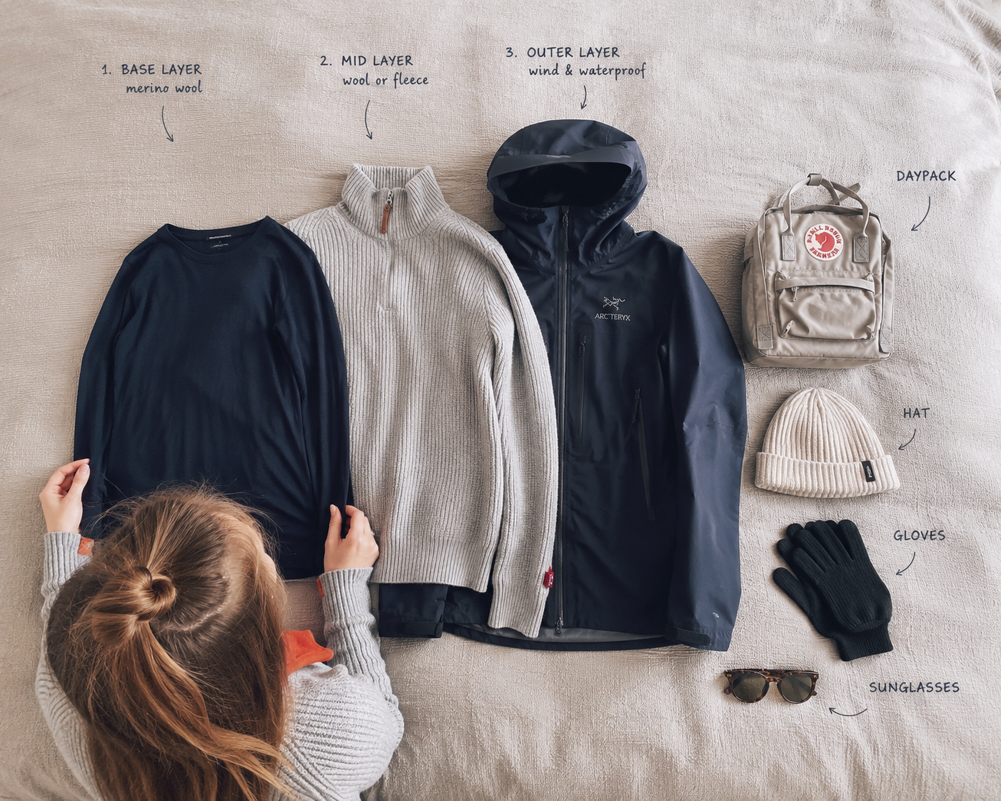 Clothes laid out on a bed, a base layer, mid layer and outer layer.