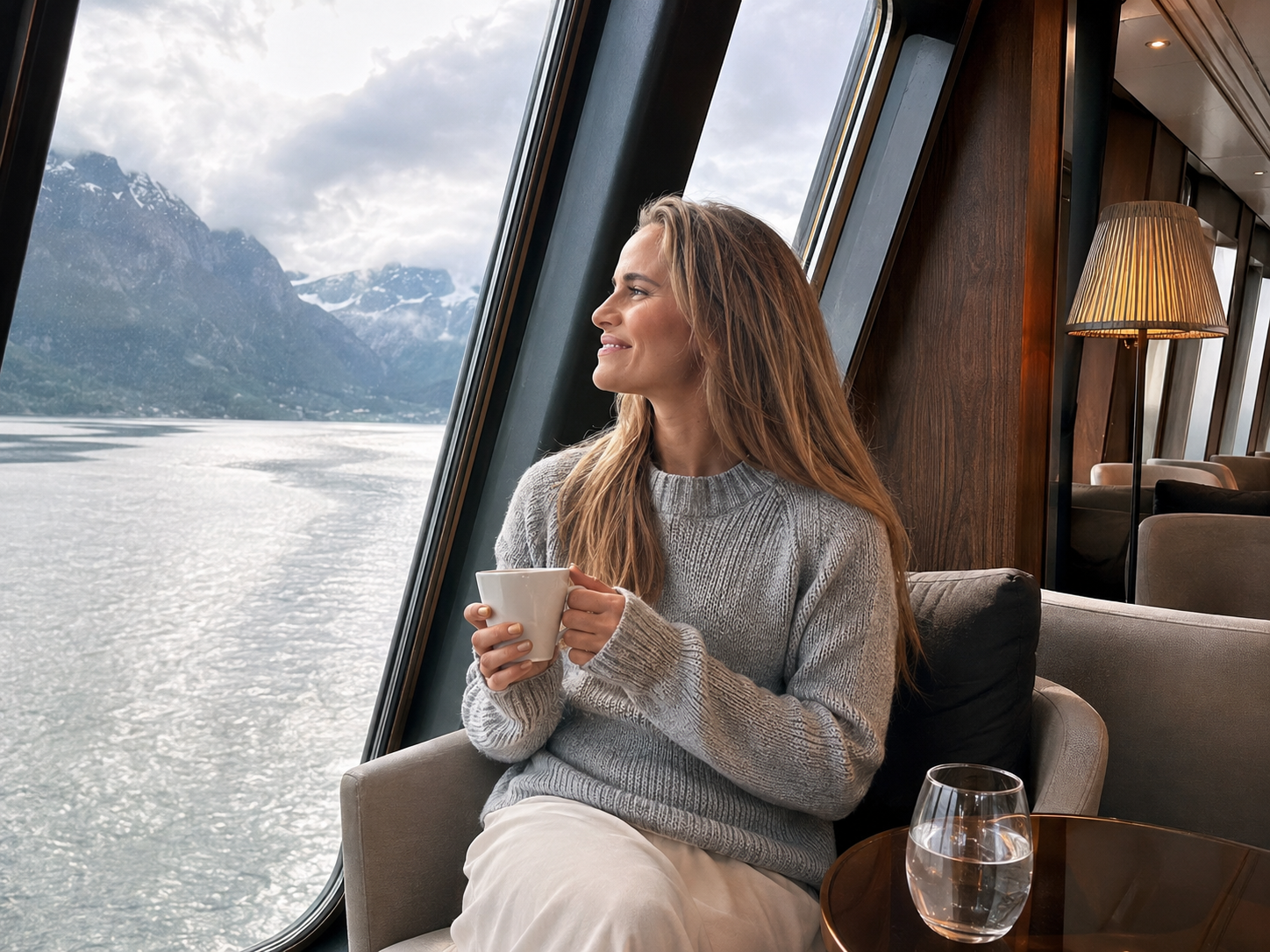 A woman looking out on the norwegian fjord whilst drinking coffee in a casual wear.