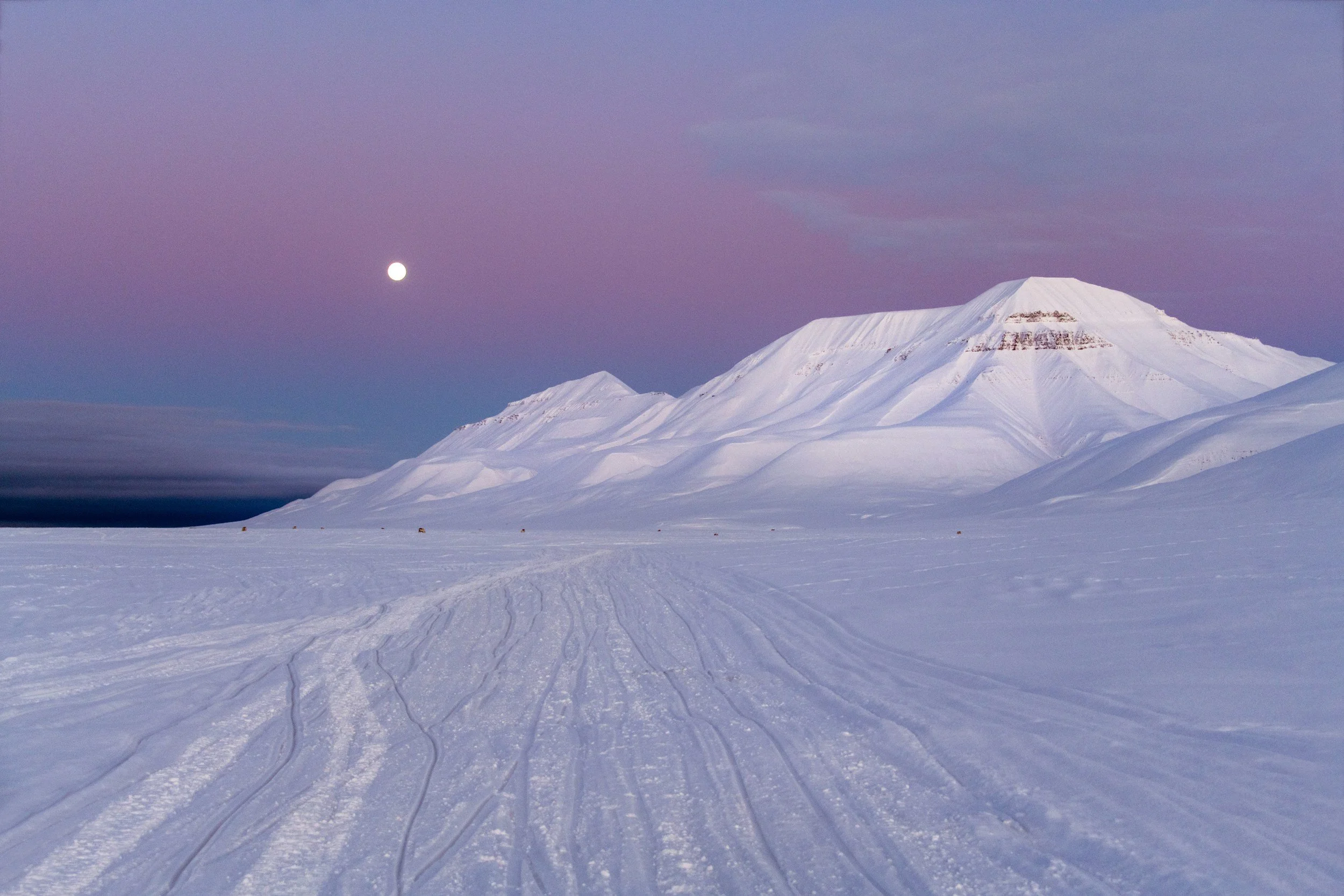 Full moon over the snowy mountains and soft twilight in Svalbard, with fresh snowmobile tracks leading across the Arctoc landscape.