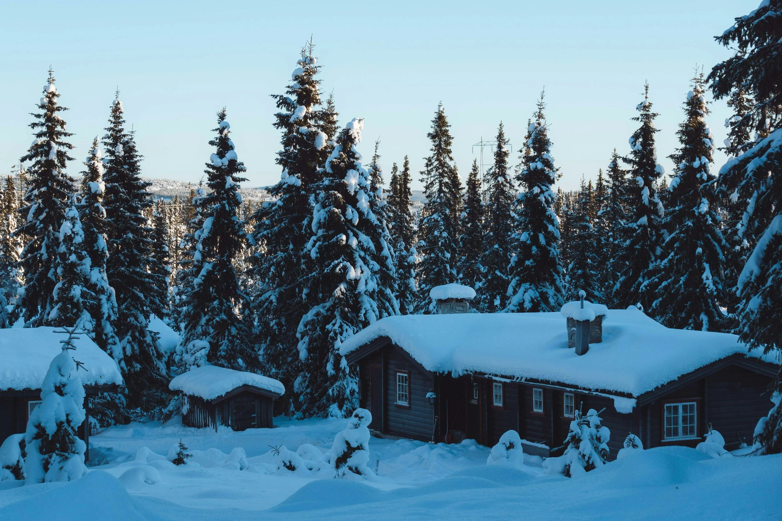 Traditional Norwegian winter cabin in the mountains, covered in snow and surrounded by snowy forest.