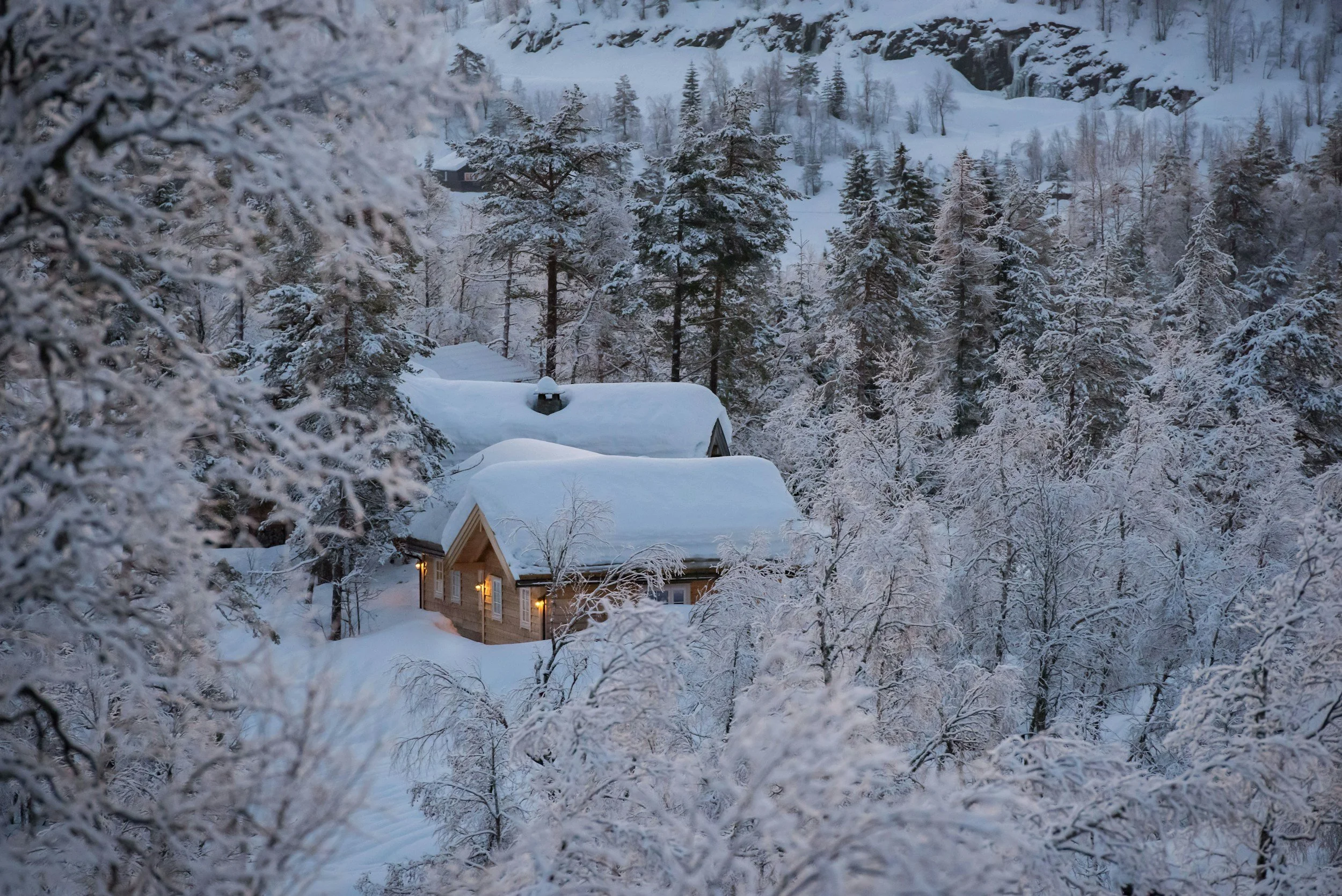 Traditional Norwegian winter cabin surrounded by snow-covered trees, representing Norwegian hyttekultur and peaceful winter travel in Norway.