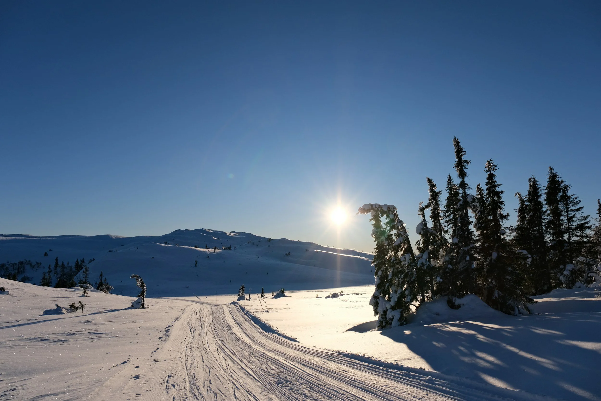 Cross-country ski trails in open mountain terrain near Beitostølen in winter, showing groomed tracks and snow-covered highland landscape.