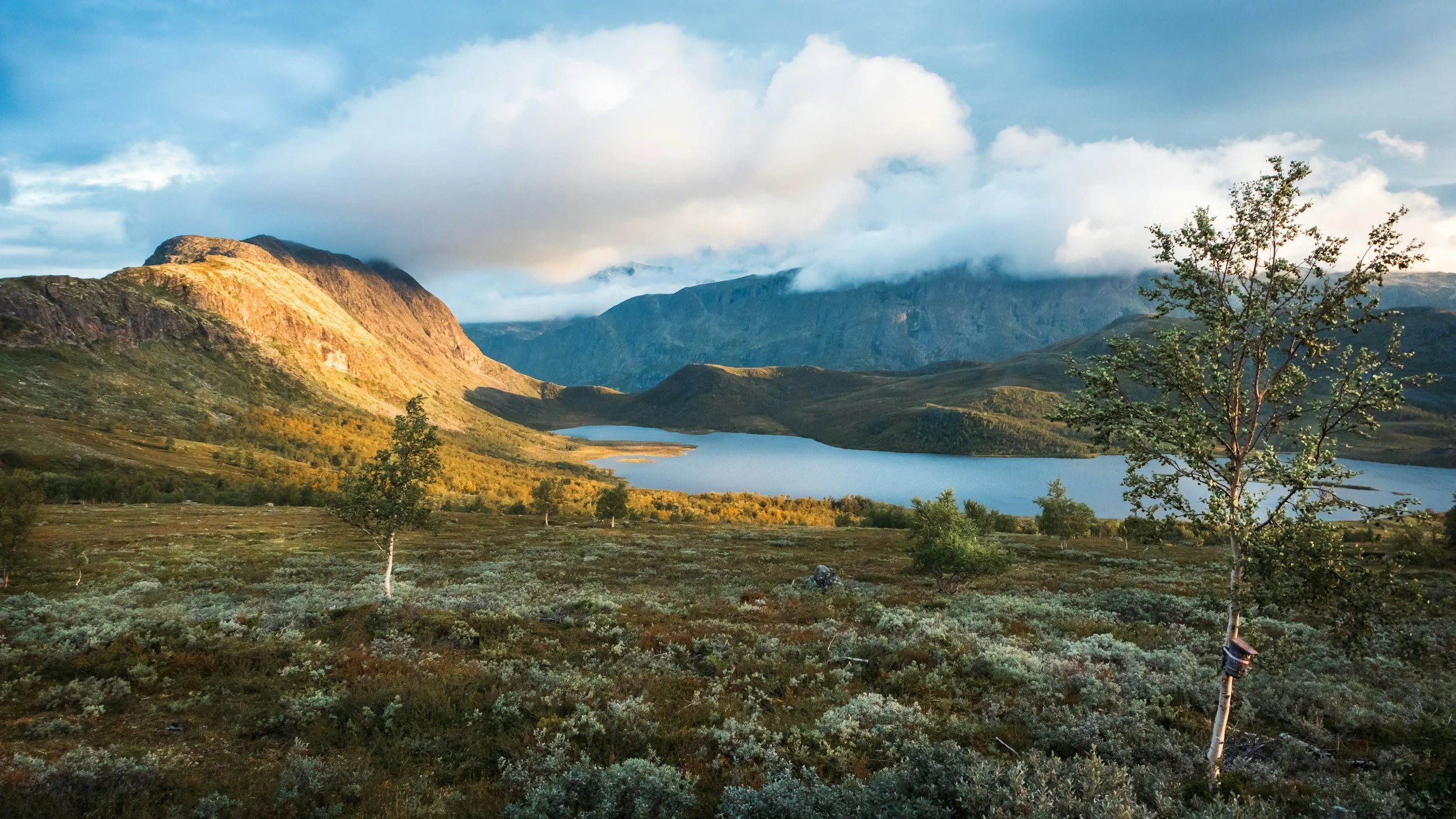 A beautiful lake in Jotunheimen Norway, with large steep mountains and mossy ground.