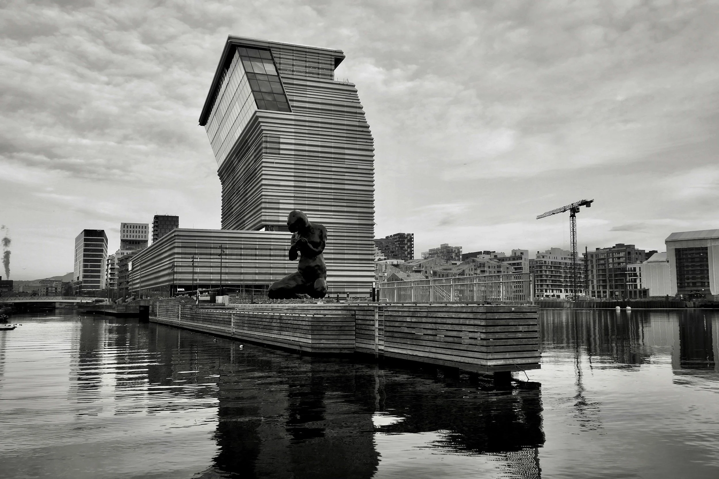 a black and white photo of the much museum building in. Oslo, Norway.