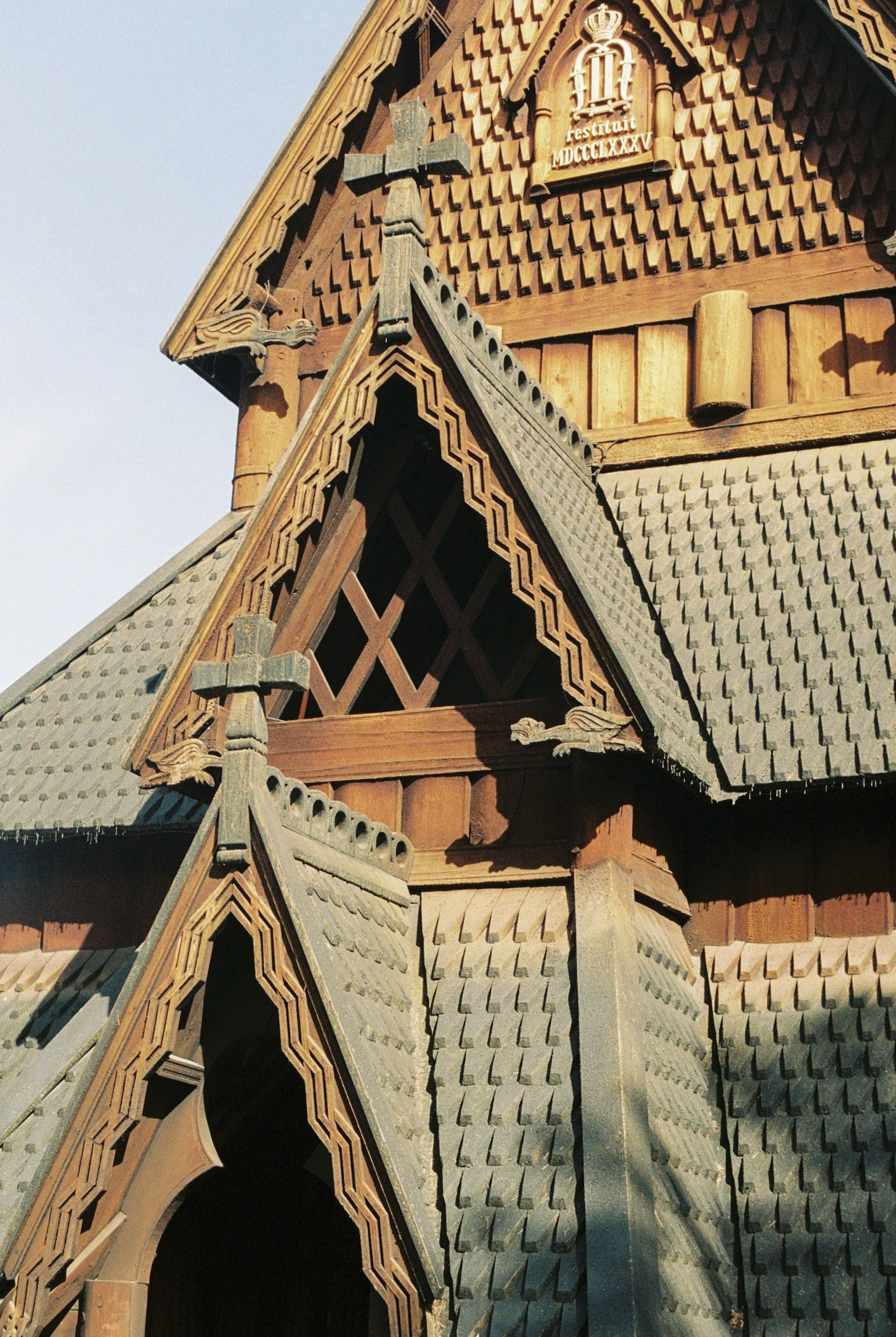 A close of picture of a Stave Church at the Norwegian museum of cultural history.