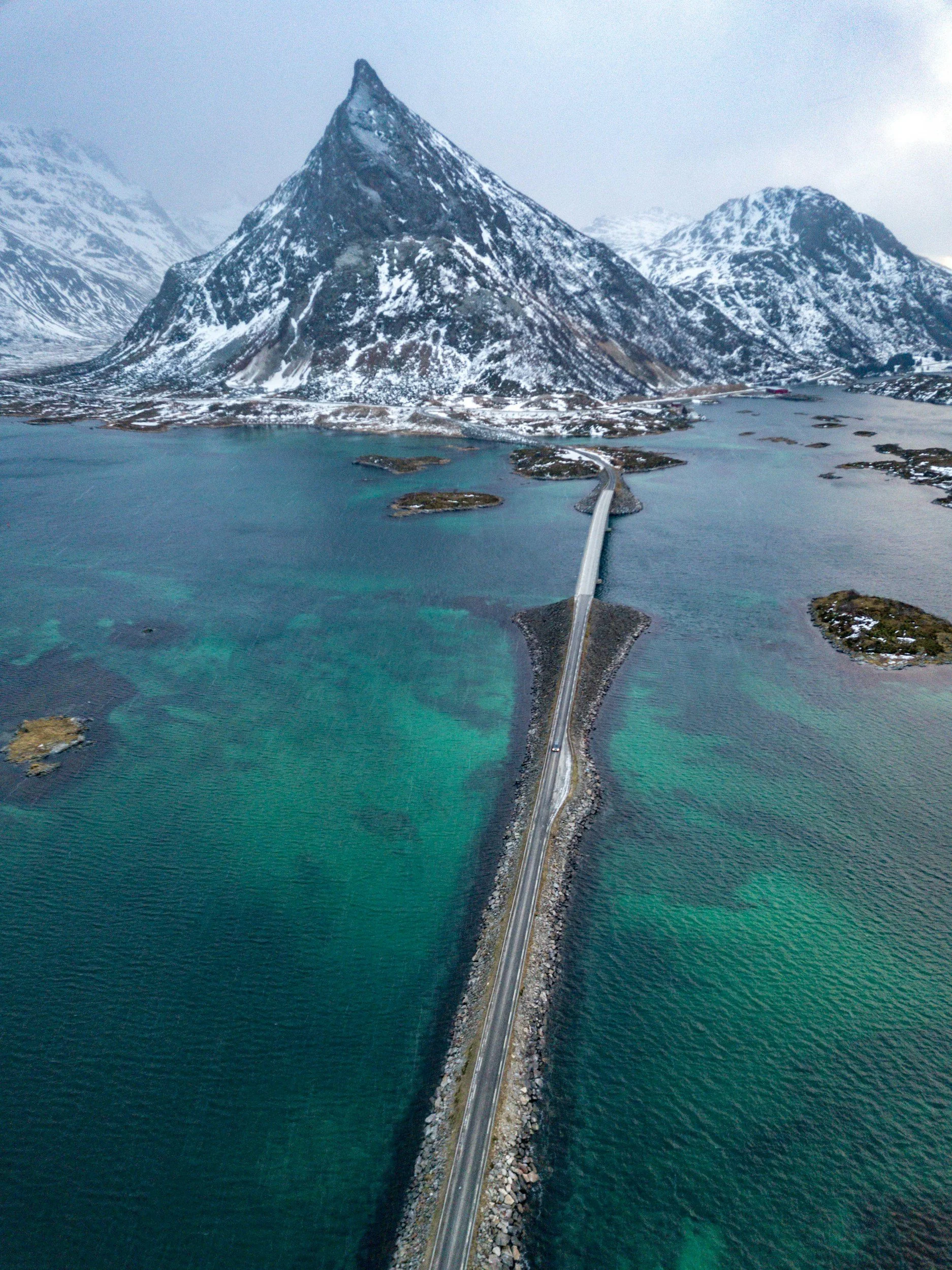 A picture from above of a road in Lofoten in winter.