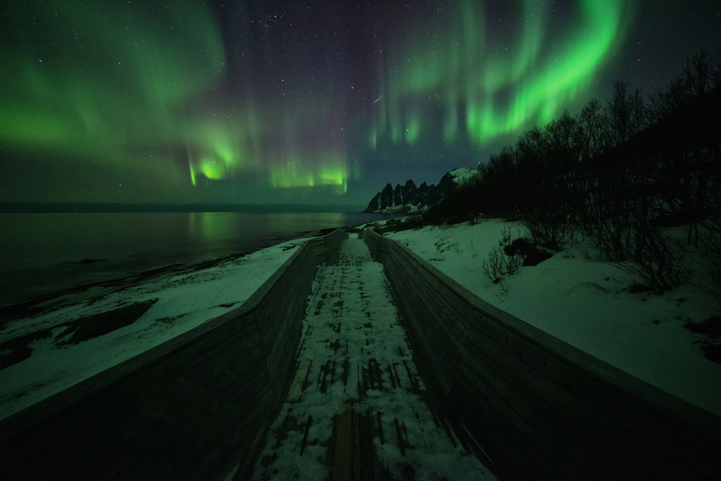 A picture of a small windy, icy road in Norway, with northern lights dancing in the skies.