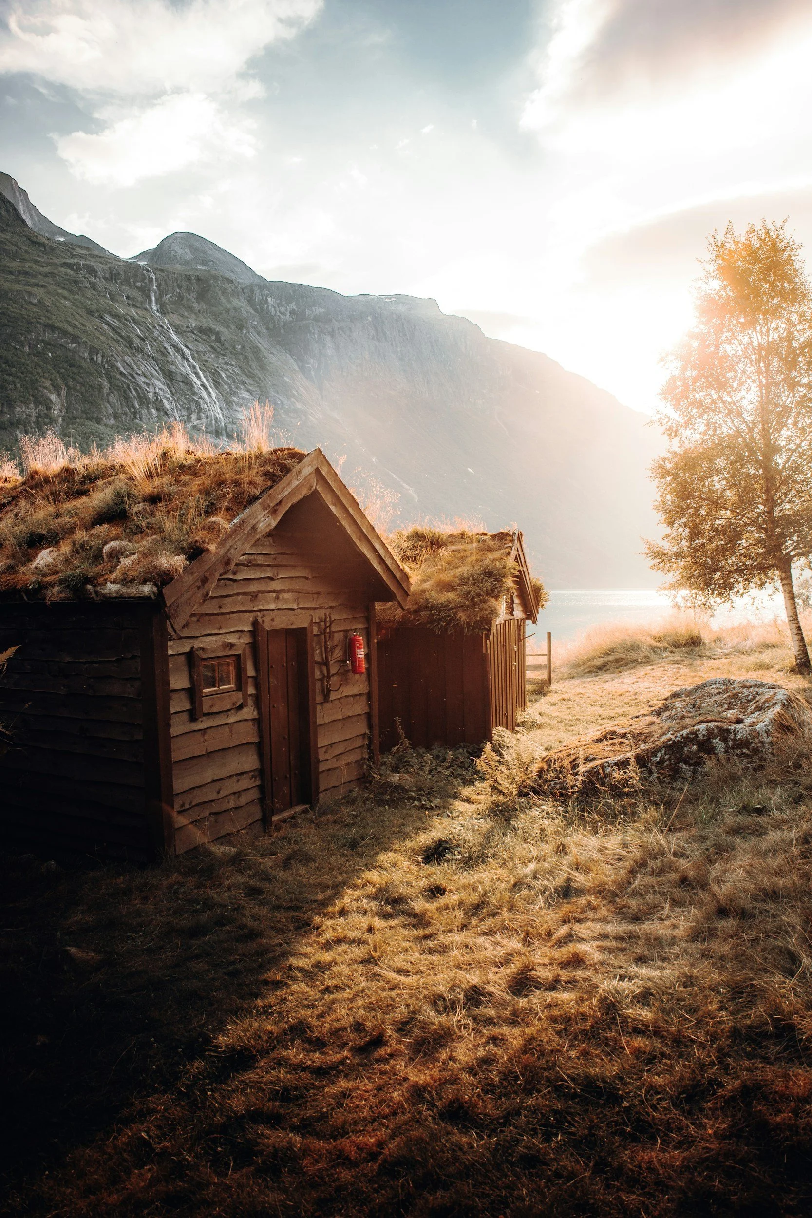 Cabins with turf roofs in western Norway.