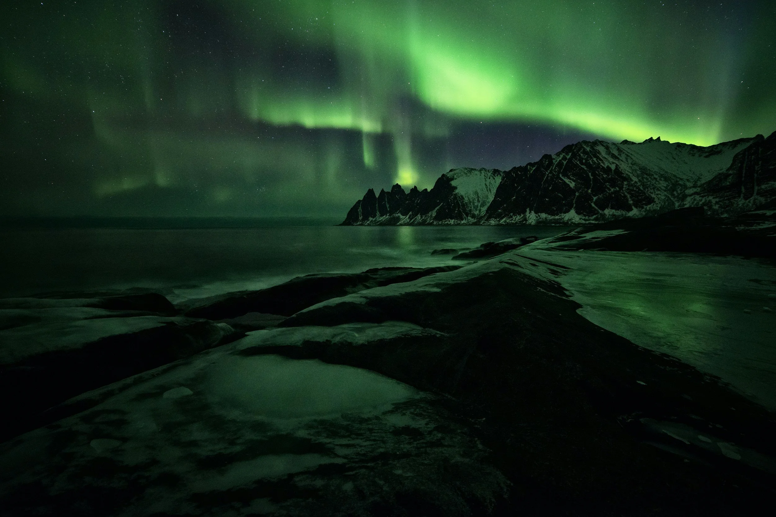 Green northern lights dancing on the skies in Senja, Norway.