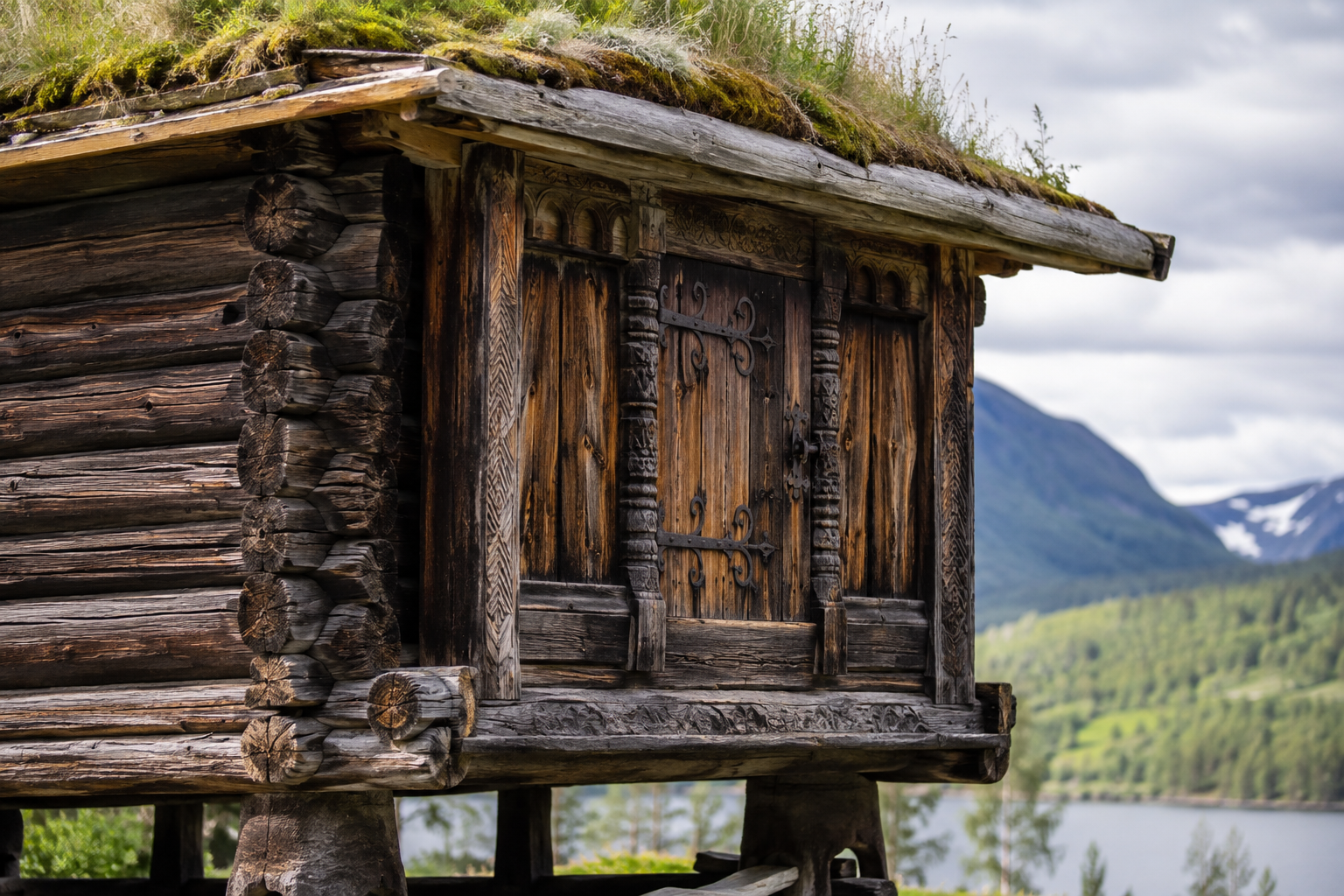 Close-up of a traditional wooden stabbur with carved details, iron fittings and a grass roof in Valdres, Norway.