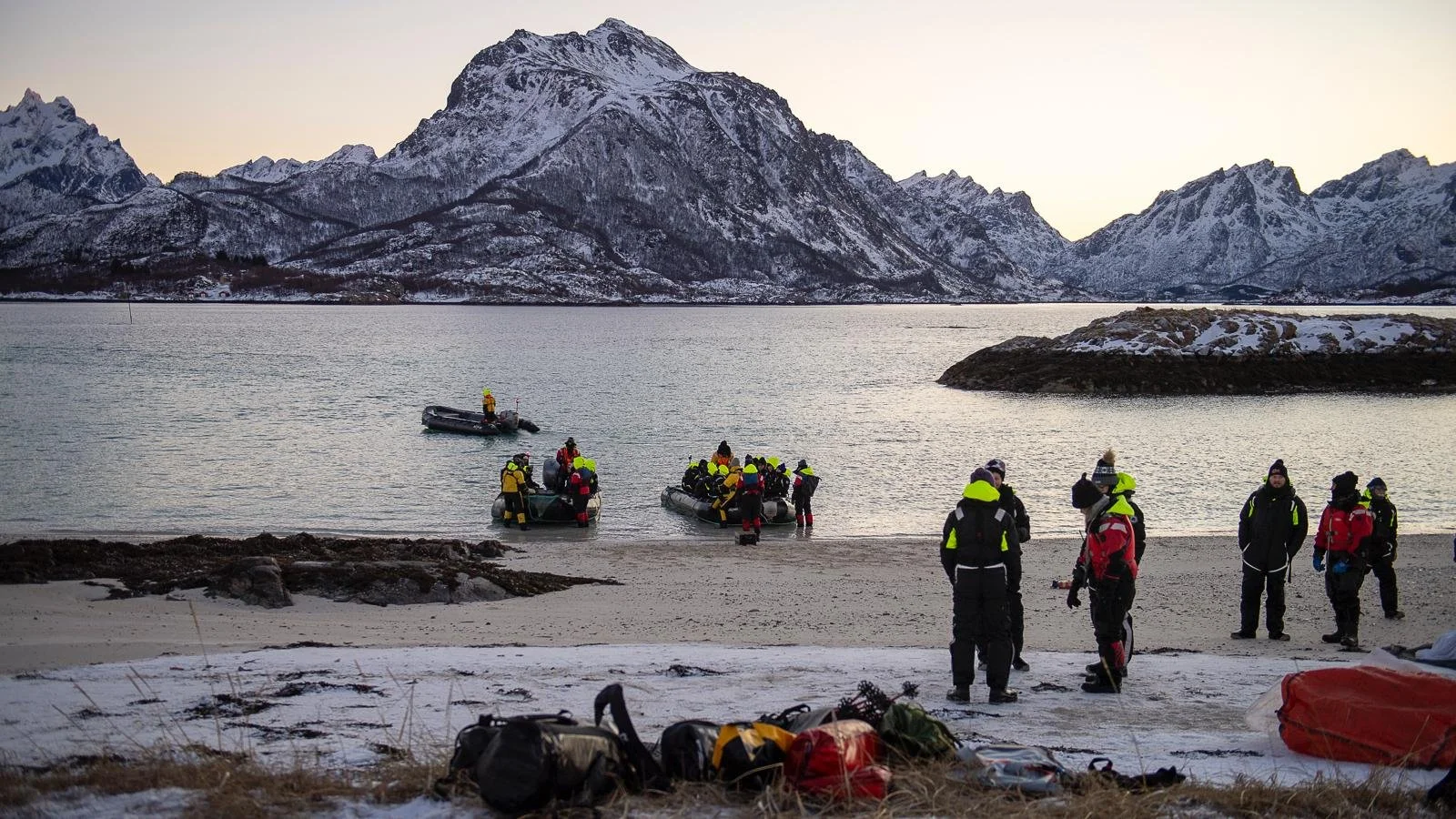 Zodiac landing during a winter HX expedition in Northern Norway.