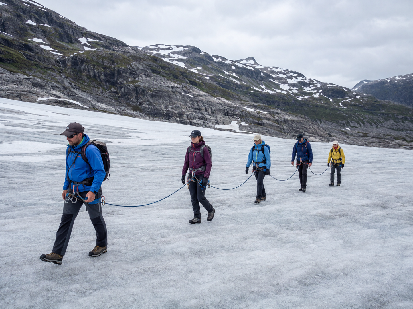 five people walking on a glacier in jotunheimen, Norway.