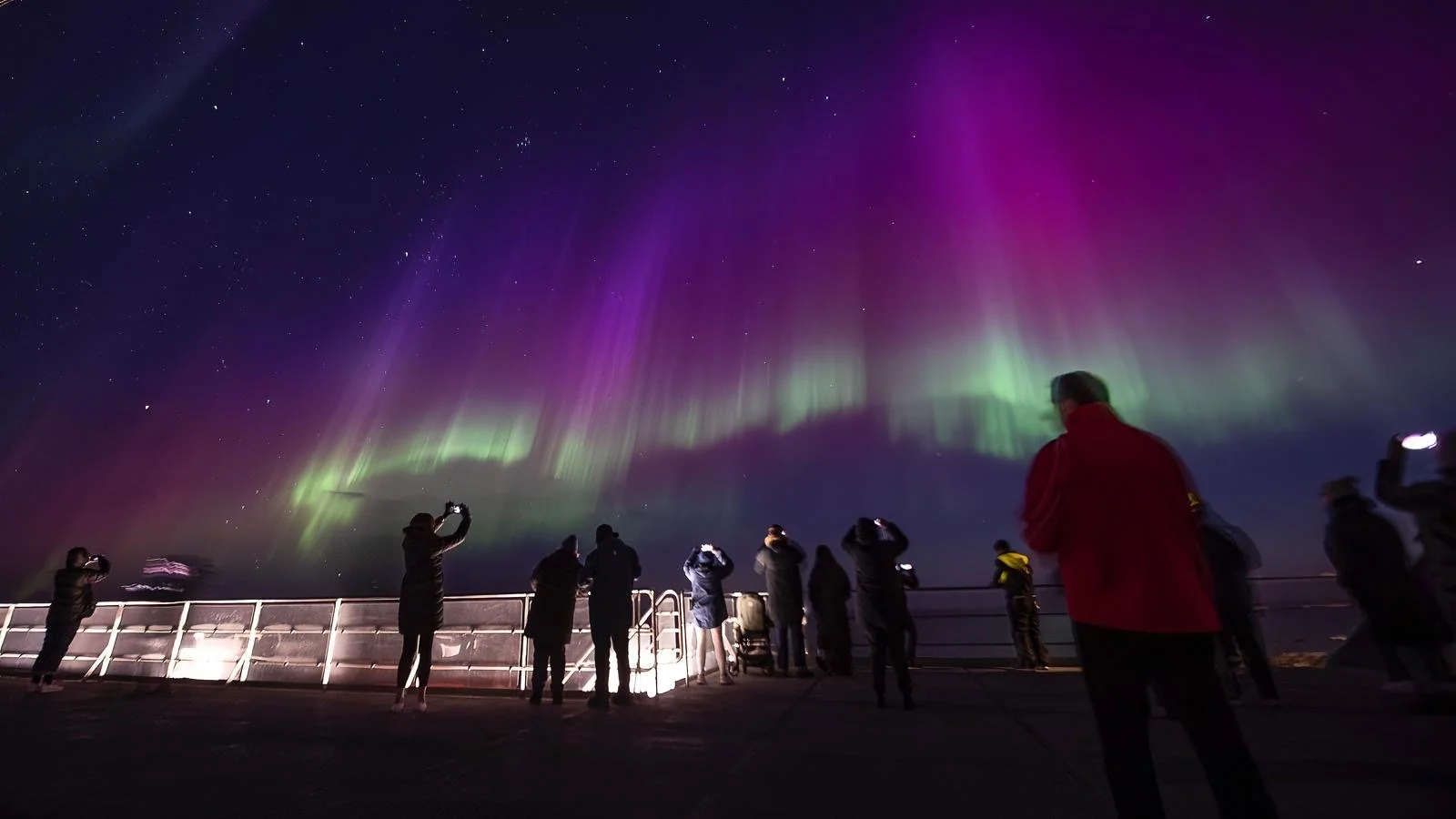 People standing at the deck of a HX ship watching and taking pictures of the northern lights dancing above them in purple and green colours.
