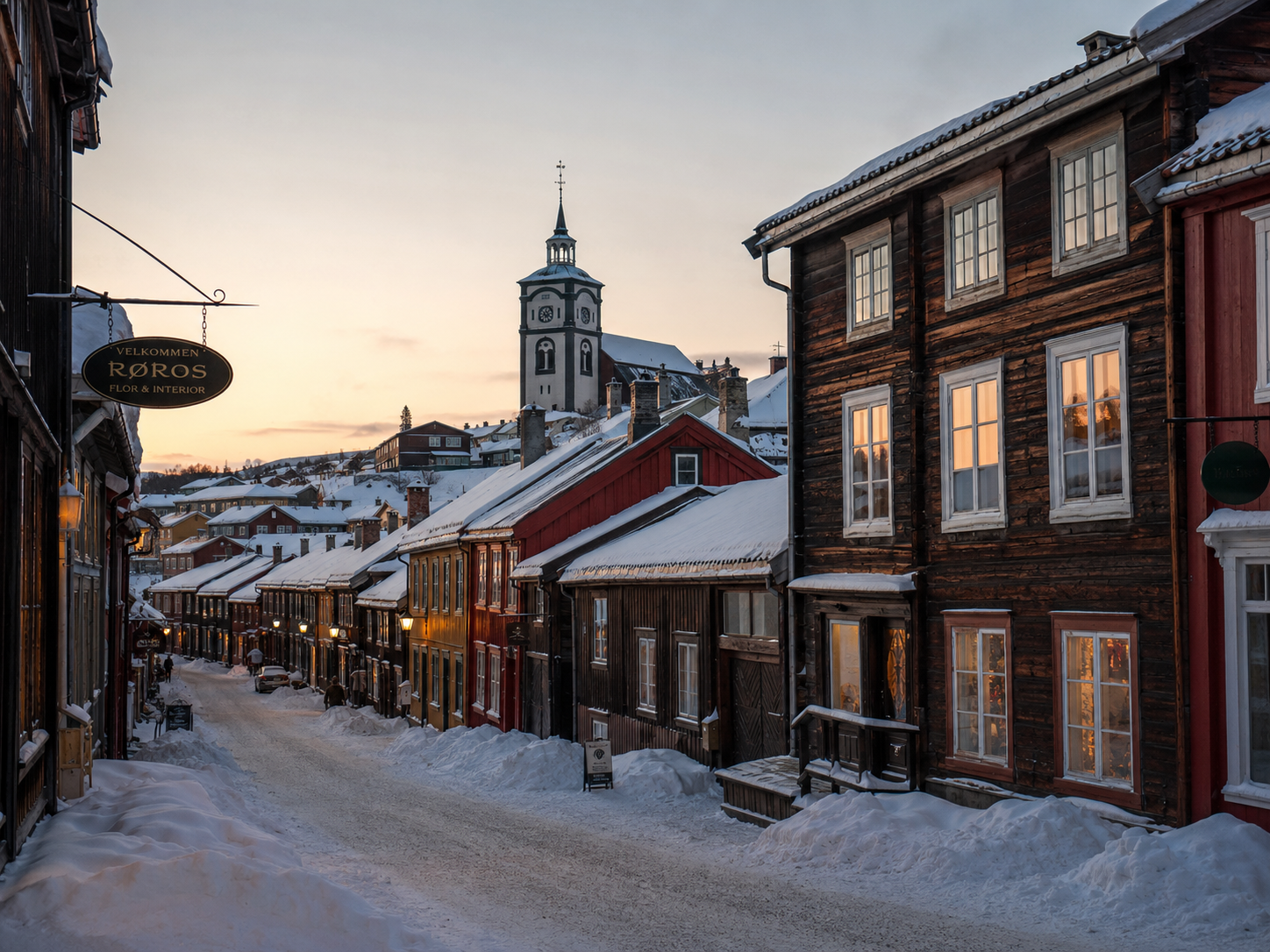 Beautiful old wooden buildings in the high street of Røros,Norway. The streets are snow covered.