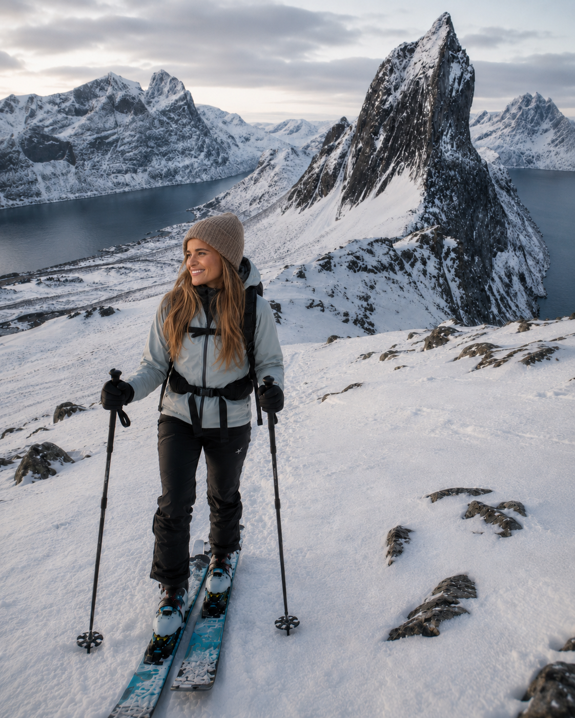 Woman ski touring in Senja Norway.