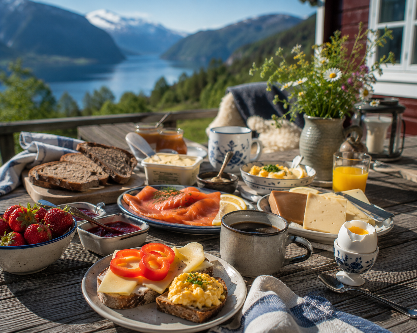 A picture of a typical norwegian breakfast with a stunning fjord view in the background.