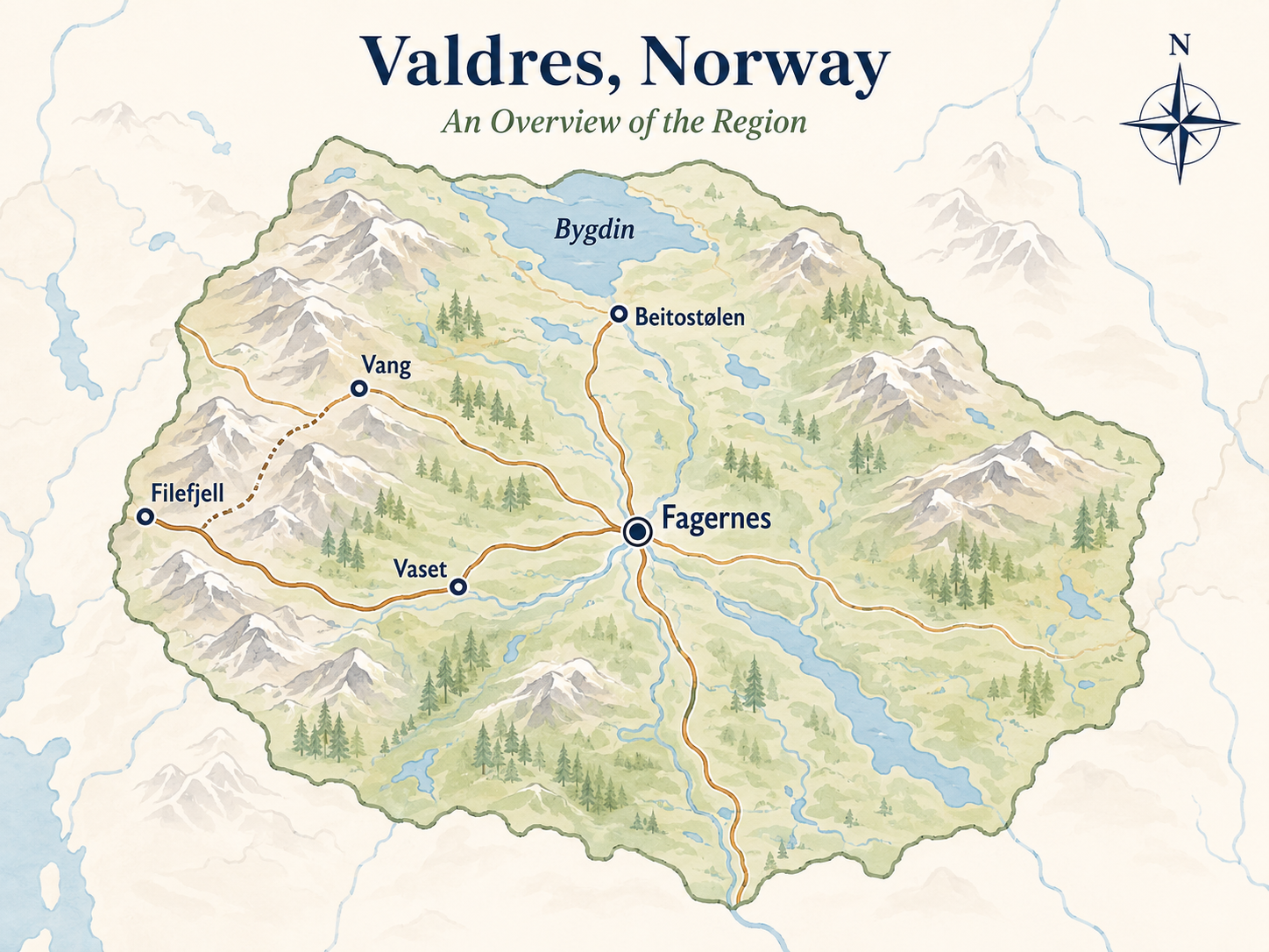 A map that shows the region of valdres.