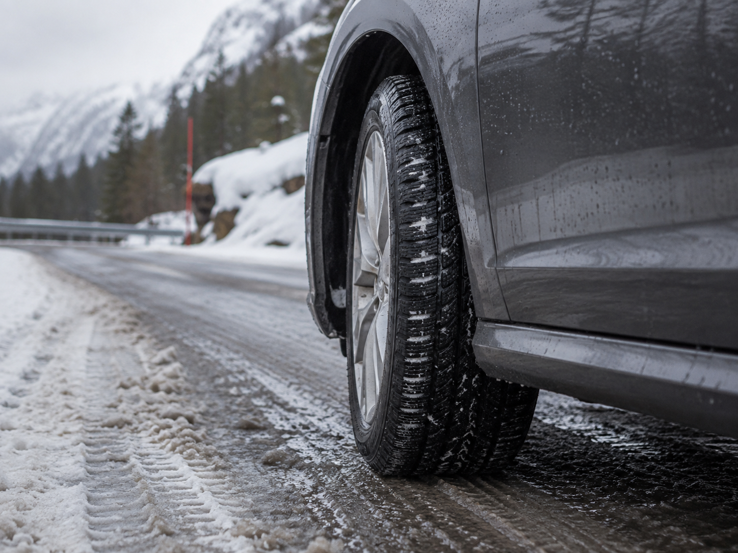 A close up picture of winter tyre on a wet snowy road in Norway.