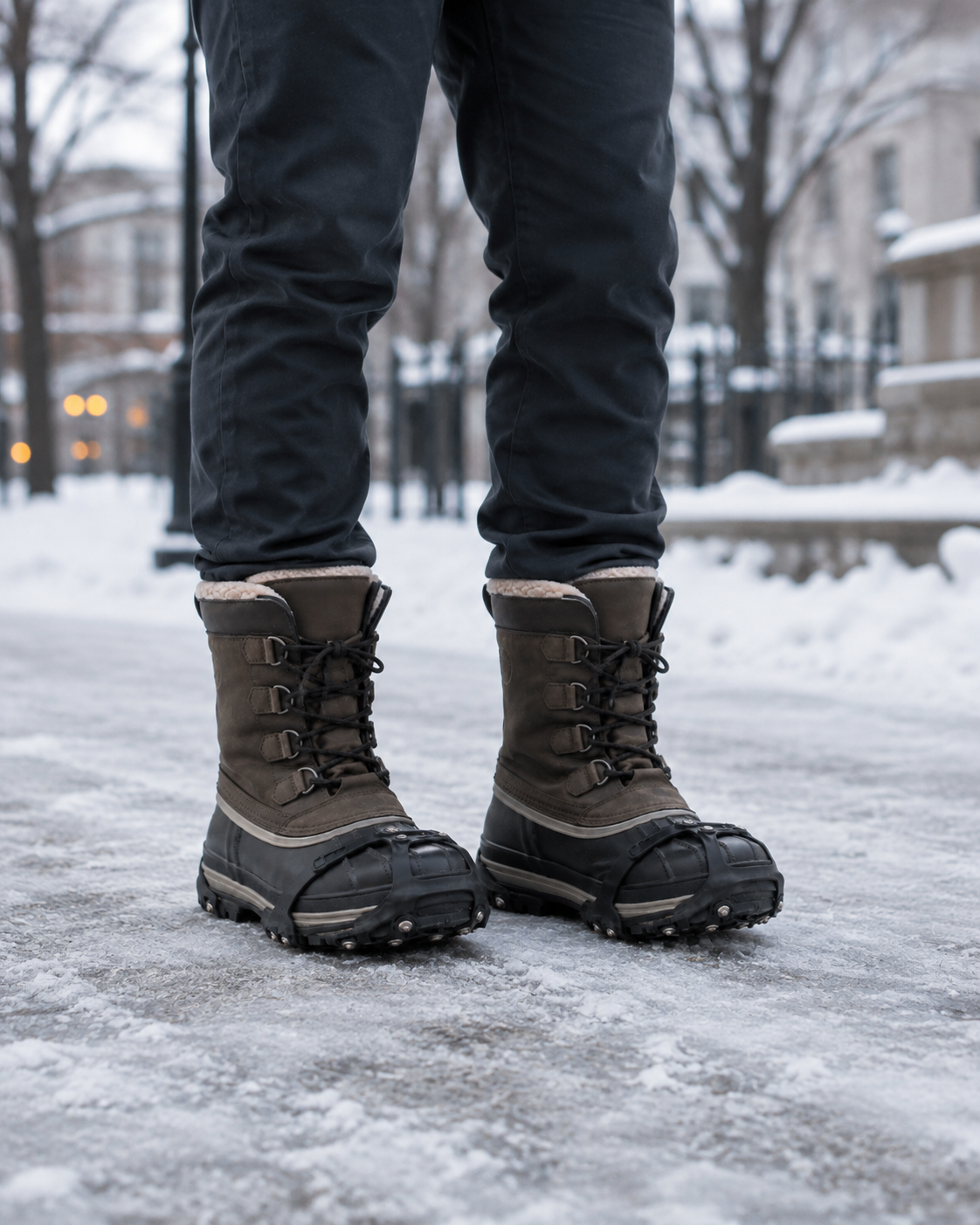 Sorel winter boots with spikes.