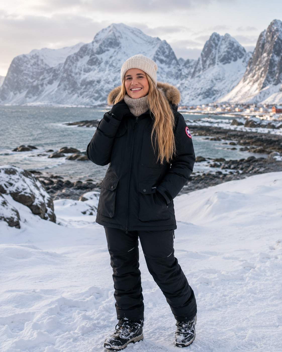 Woman in arctic clothing and long blonde hair.