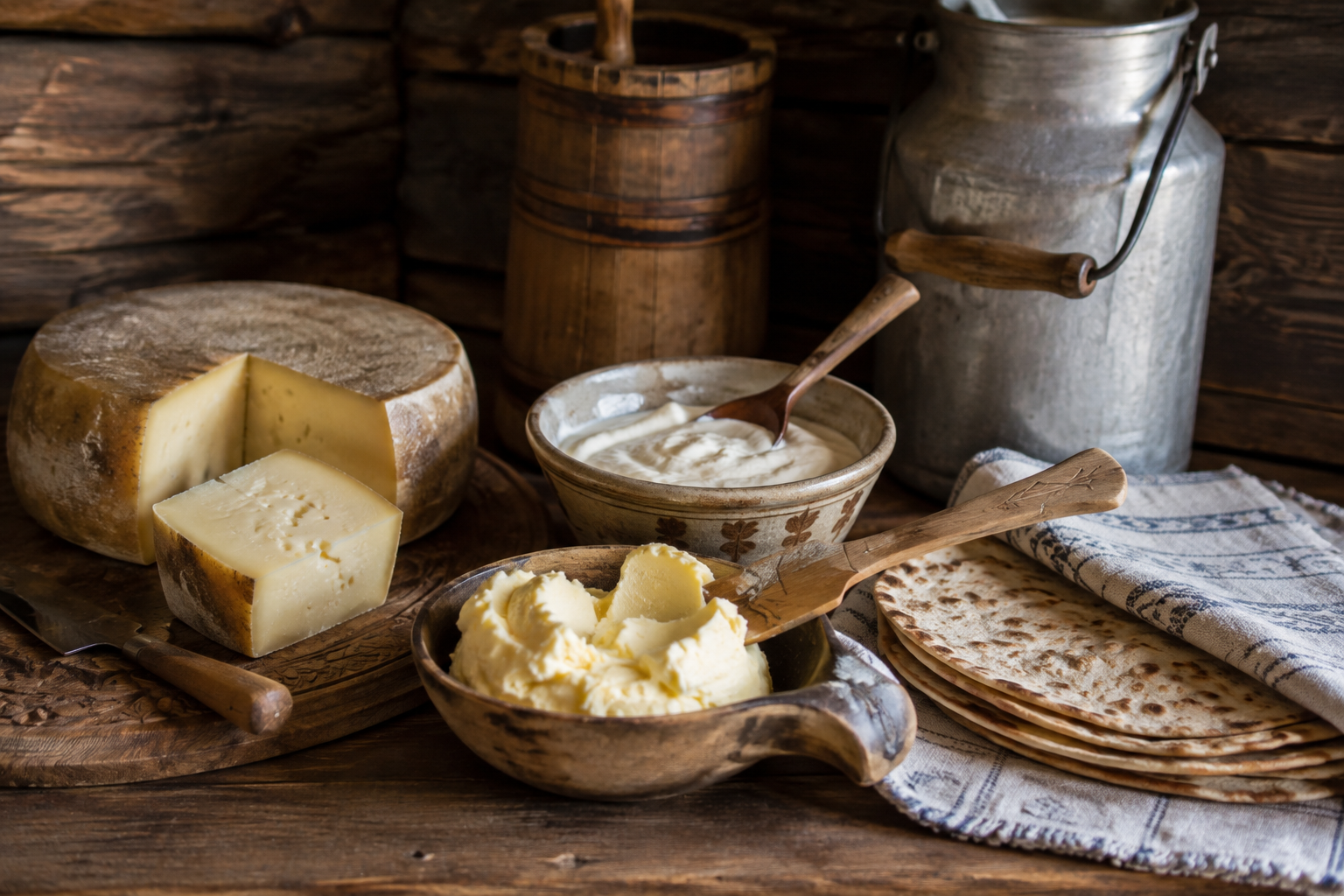 Traditional cheese, churned butter, sour cream and flatbread displayed with a milk churn on a wooden table in Valdres, Norway.