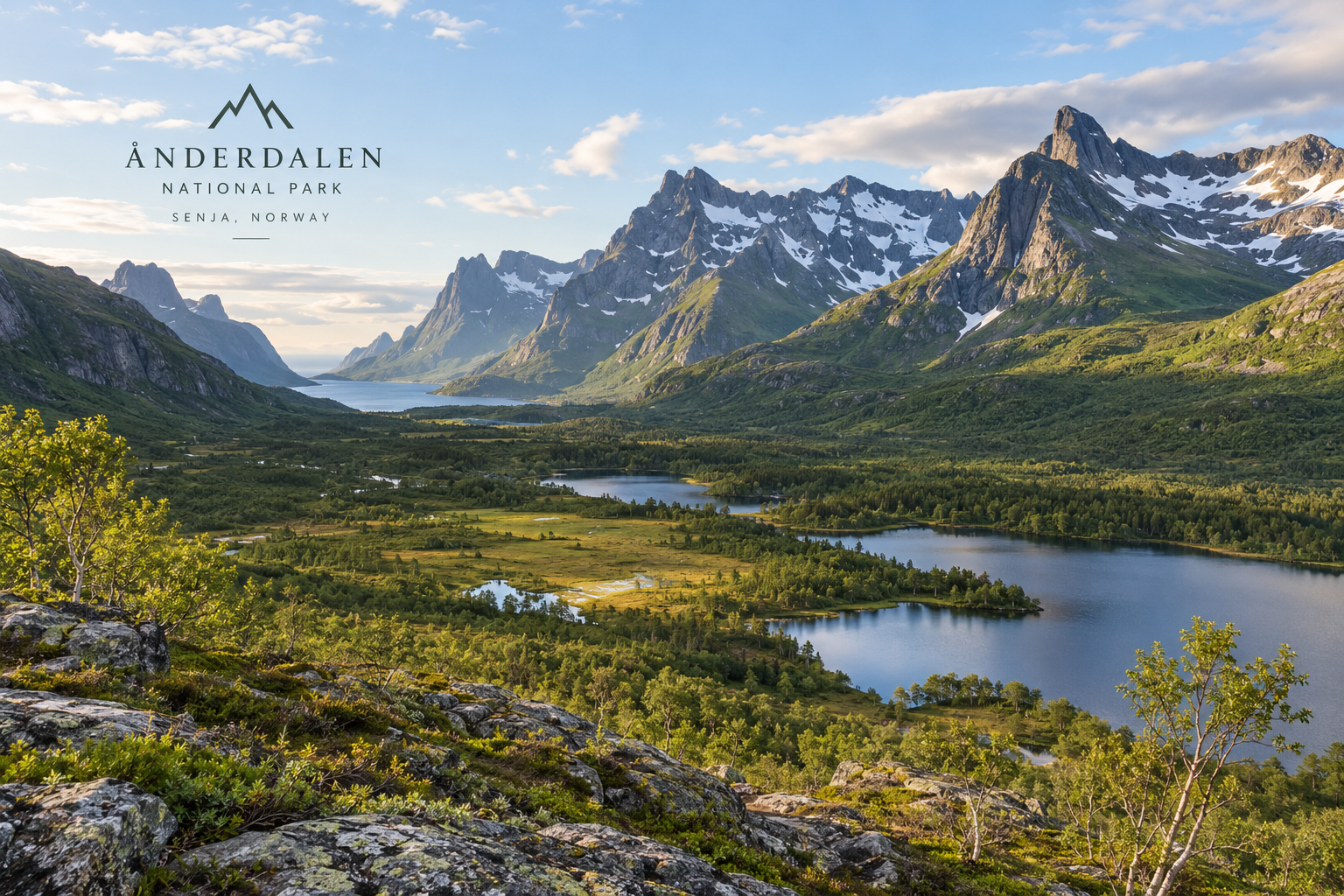 A picture of the nature in Ånderdalen National Park. Green vergetation, rugged snow capped mountains and lakes.