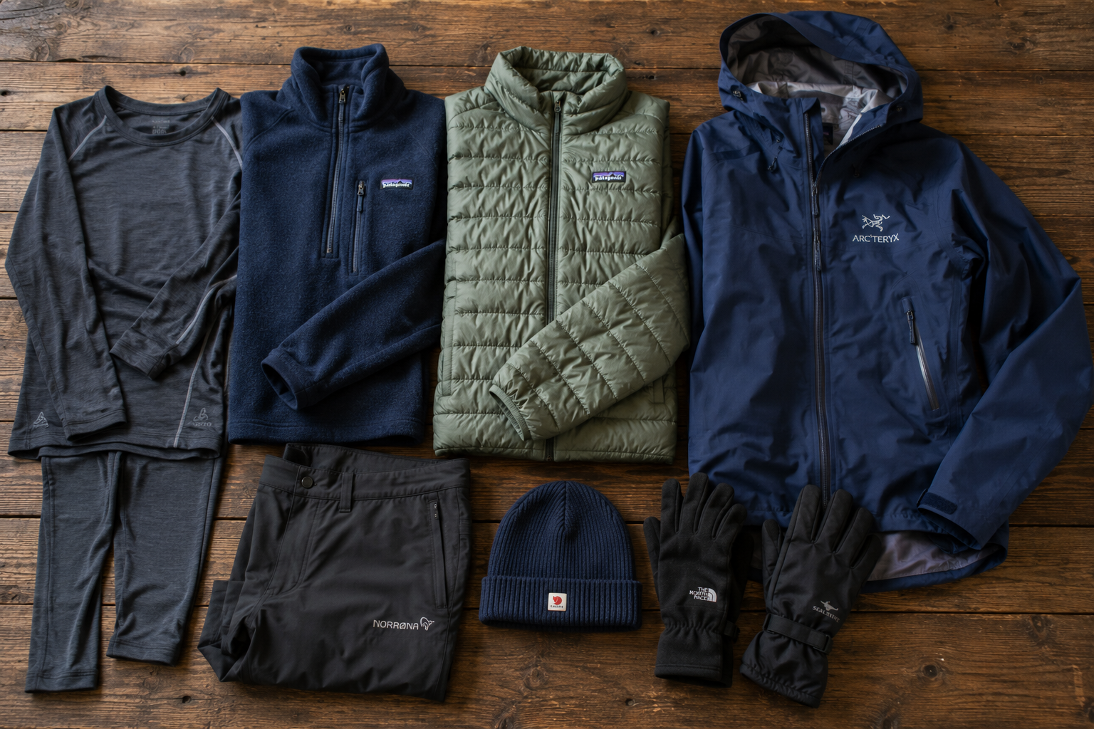 Layered hiking clothing arranged on a wooden surface, including a thermal base layer, fleece, insulated jacket, waterproof shell, hiking trousers, hat and gloves.