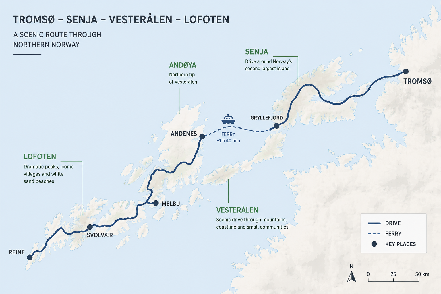 A map over tre road trip from Tromsø - Senja - Andøya - Lofoten.