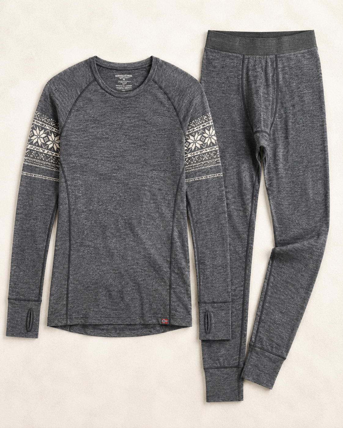 A set of merino base layer in grey, with nordic pattern.