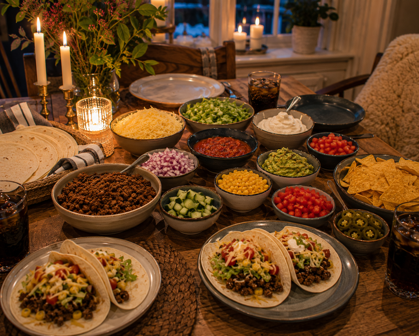 A dinner table with all the typical ingredients that norwegians use for their friday taco.